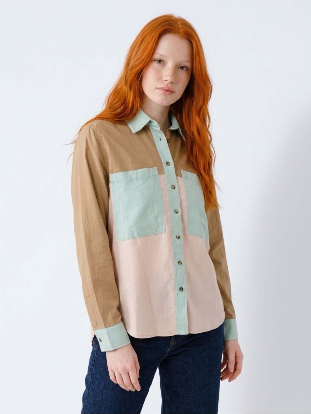 Colorblock Button-Down Shirt in Tan, Pale Pink & Mint